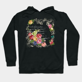 Victorian roses, butterflies in French scroll frames, with French script in background. Hoodie